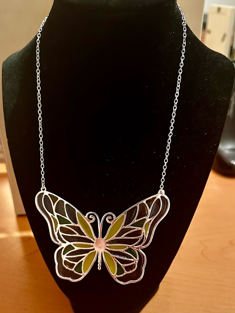 Butterfly Pendant Necklace in Olive Green and Pink Stained Glass Look